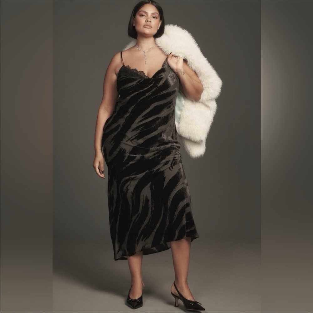 Anthropologie Cowl Neck Slip Dress Midi Black Velvet Burnout Lace Sz 3X NEW - Picture 2 of 14